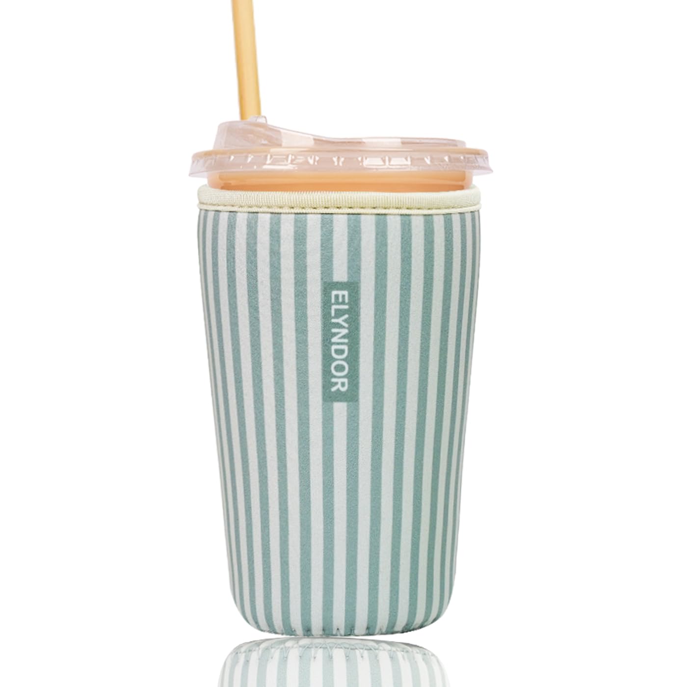 Reusable Insulated Sleeve for Iced Coffee Cup, Coffee Neoprene Sleeve for Cold &amp; Hot Drinks, Beverage Holder for Iced Coffee (Green Stripes, Medium: 22-24oz)