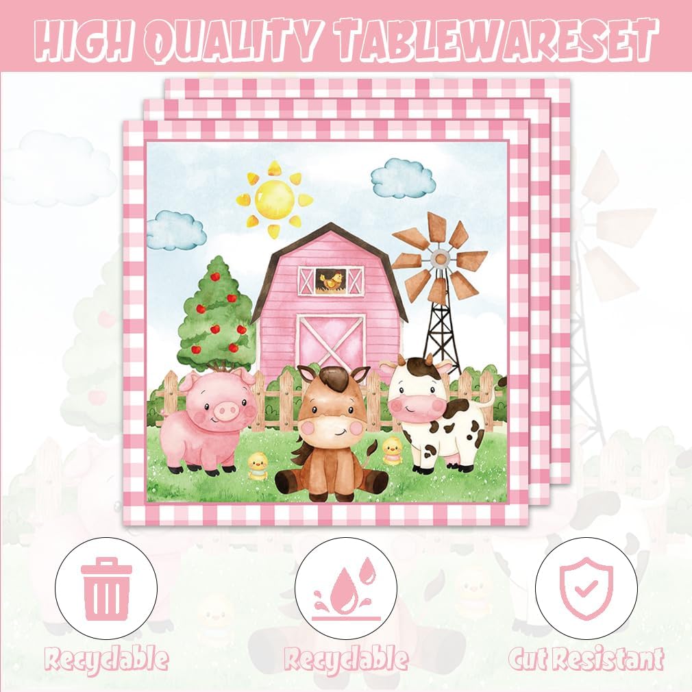 40pcs Farm Animals Party Supplies Plates and Npakins Farm House Animal Barnyard Theme Birthday Party Decorations Pink Barn Animal Baby Shower Tableware Sets - Image 3