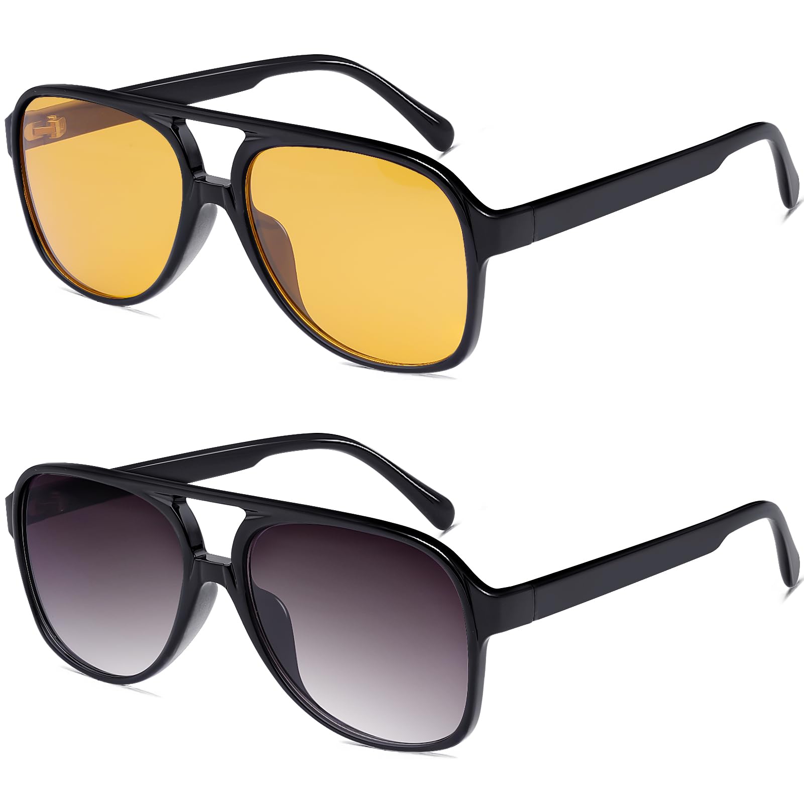 Tskestvy2 Pairs Classic Retro Aviator Sunglasses for Women Men Vintage 70S Orange Yellow Tinted Lens Square Trendy Shades