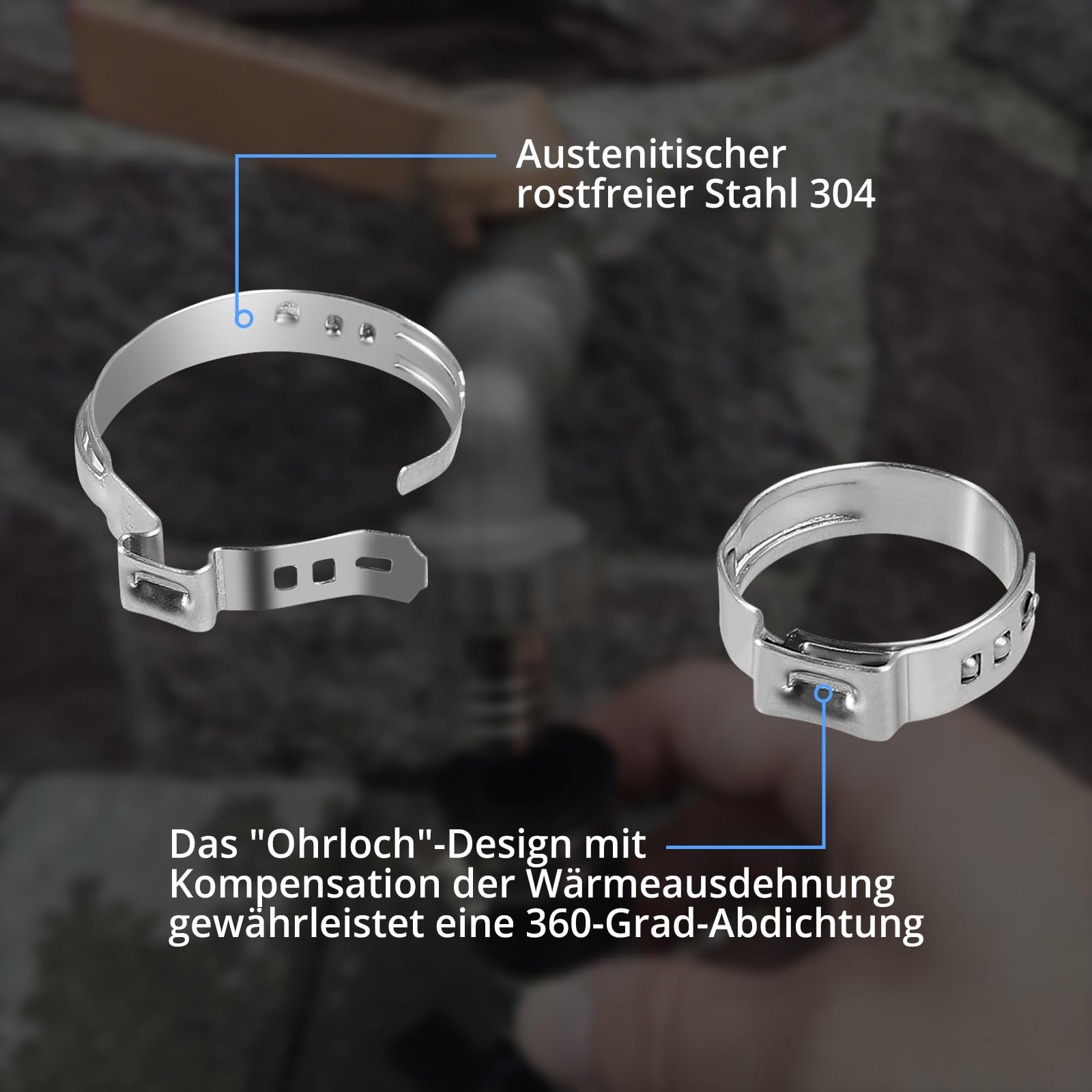 CAMWAY Einzelohr Stufenlos Schlauchschellen Set, 180 Stücke Schhlauchklemmen 5,8-21mm(9 Größen) aus 304 Edelstahl + Ohrklemmenzange Schlauchschellenzange Einzelohrschlauchklemme Crimper Werkzeug Kit