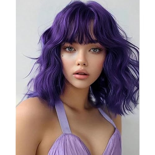 Purple Short Bob Wigs with Bang Synthetic Loose Curly Wavy Bob Wig Shoulder Length for Women Girls Daily Short Wavy Colorful Wig Everyday Hairstyle