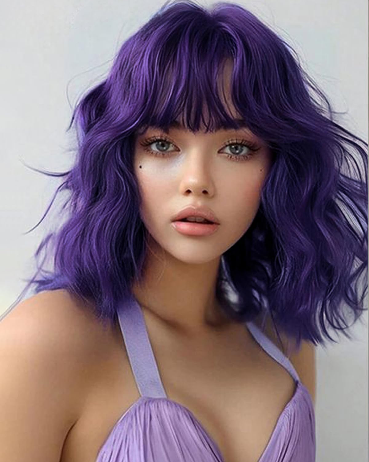 Purple Short Bob Wigs with Bang Synthetic Loose Curly Wavy Bob Wig Shoulder Length for Women Girls Daily Short Wavy Colorful Wig Everyday Hairstyle
