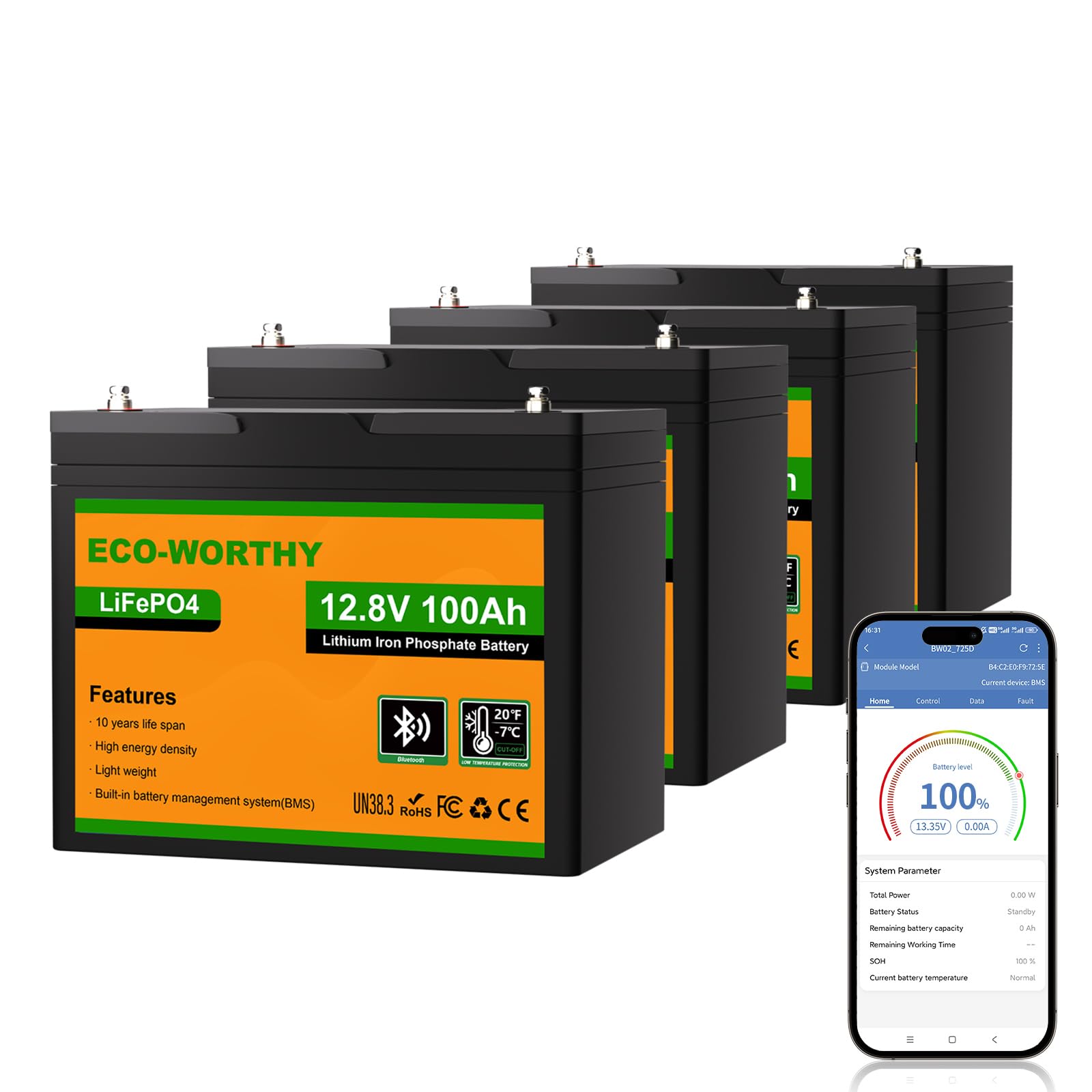ECO-WORTHY Akumulator LiFePO4 Bluetooth z ochroną BMS Low-Temp i do 15000 cykli, maks. 20,48 kWh bateria litowa do instalacji solarnych, panel słoneczny