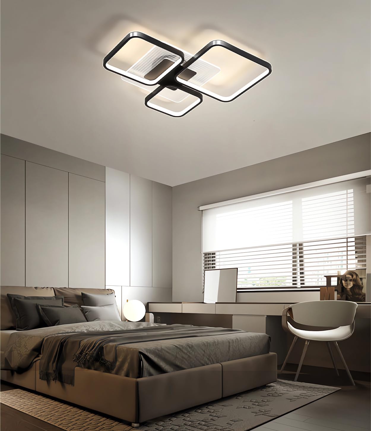 MOMOYY LED Ceiling Light with Remote Control、Pendant Light、Modern Living Room Dimmable Ceiling Lamp、58w 4600lm Square Ceiling Lighting Fixture for Living Room, Bedroom (Black, 3 Heads)