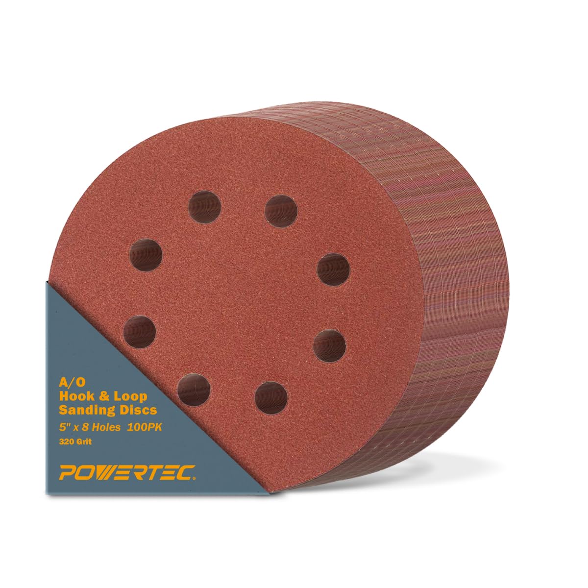 POWERTEC 100PK, 320 Grits, Sanding Discs 5 Inch - Hook and Loop, 5 Inch 8 Hole Aluminum Oxide Sandpaper Discs, Woodworking Sanding Pads for Random