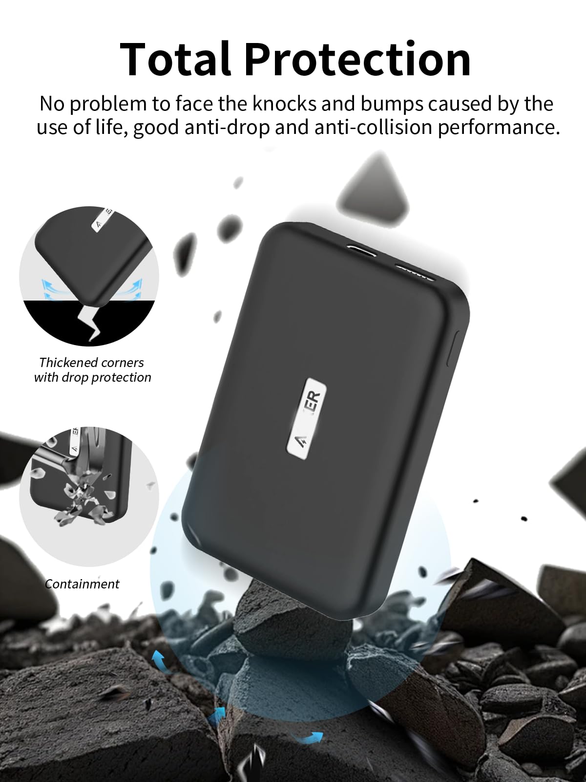 Anker MagGO Power Bank (10000 mAh, 15 W), silikonowe etui, funkcja oświetlenia nocnego, odporne na zarysowania, uderzenia, tragba, czarne