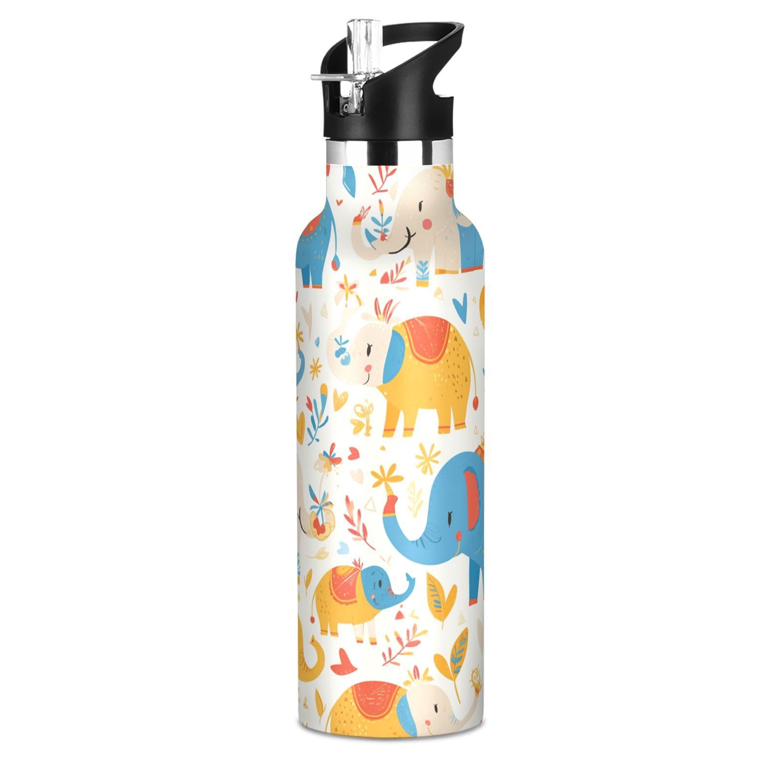 Kaaviyo Boys Pattern Colorful Elephants Flowers Leaves Water Bottle Stainless Steel Jug Insulated Vacuum Cup For Girls(600Ml)