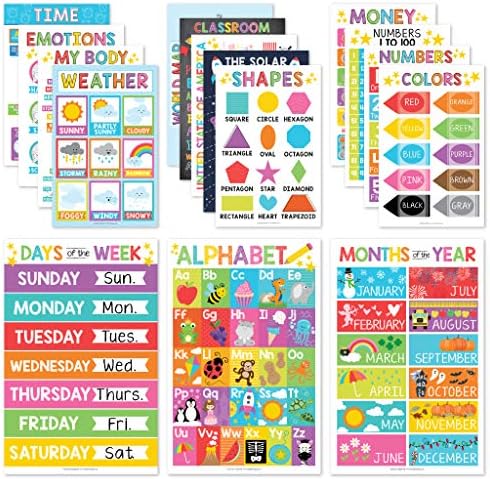16 Educational Posters for Classroom Decor & Kindergarten Homeschool Supplies Baby to 3rd Grade Kids, Laminated PreK Learning Chart Materials – US & World Map, ABC Alphabet, Shapes, Days of the Week