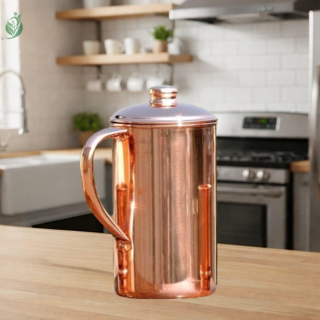 Pure Copper Water Pitcher 1.5 Liter (50.7 oz) – Handcrafted Ayurvedic Copper Jug with Lid for Daily Drinking Water (Plain Jug)