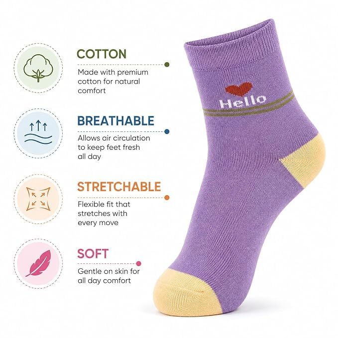 Image of Kids Cotton Crew Socks for Boys & Girls (3-5 Years) | Soft Breathable Cotton Blend Daily Wear Socks | Bear Love & Hello Print | Comfortable Crew Length | Pack of 6 | Multicolour