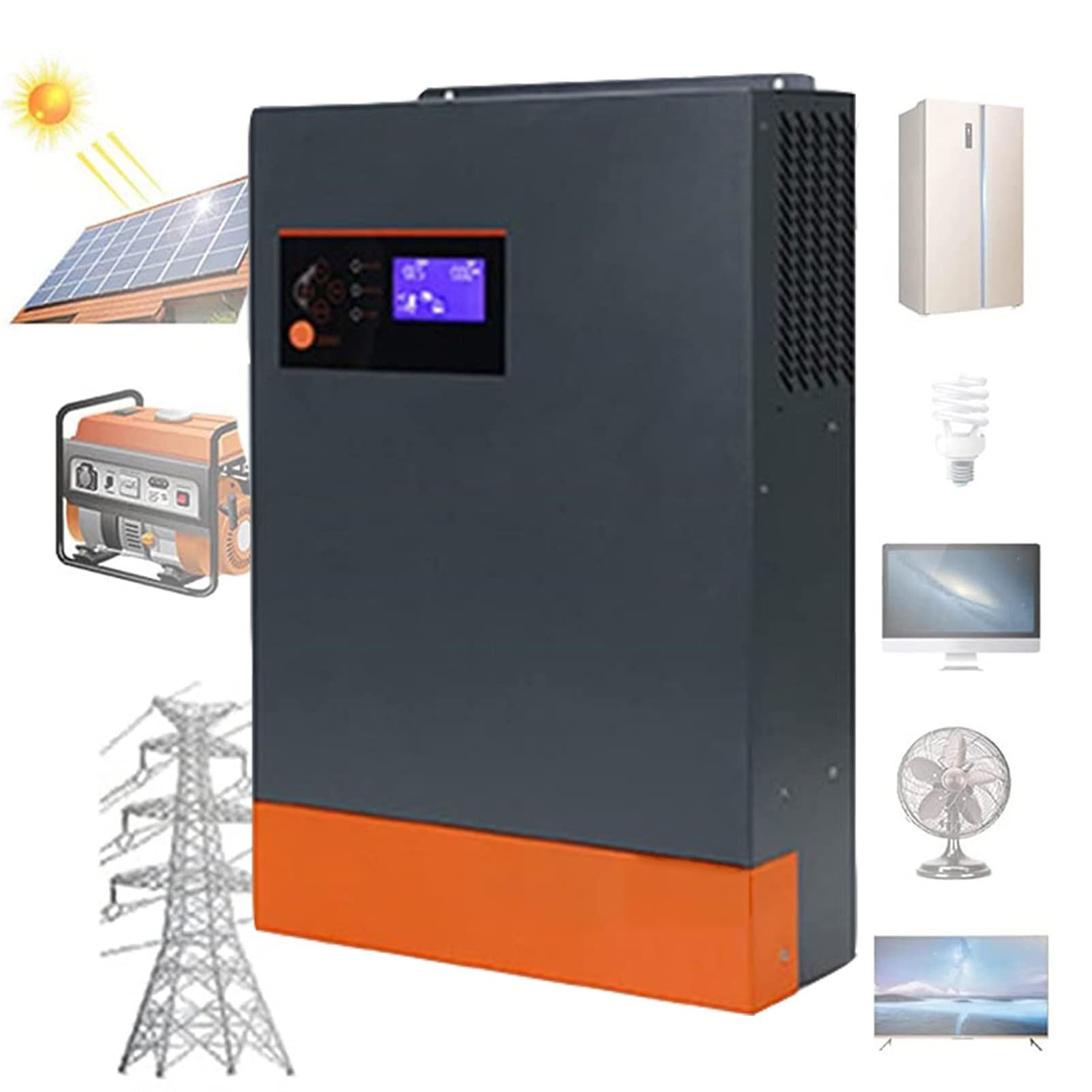 Hybrydowy inwerter solarny o mocy 5500 W, inwerter czystej fali sinusoidalnej, 3-fazowy inwerter solarny, kontroler słoneczny 100 A, 220 V AC 48 V z funkcją równoległą z Wi-Fi Obsługuje 9 falowników