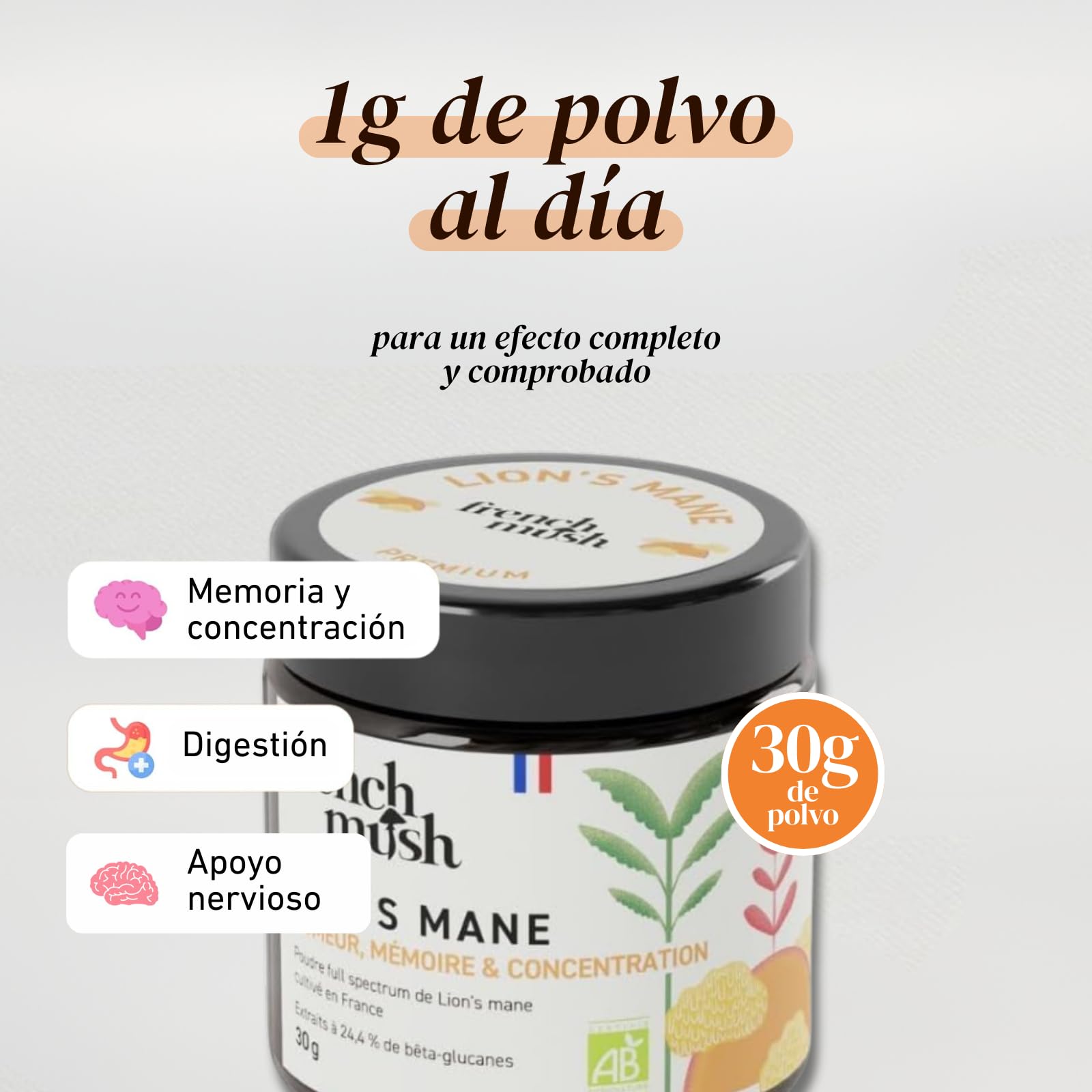 French Mush Polvo Full Spectrum de Lion's Mane cultivado en Europa. Extractos de beta-glucanos 24,4% | (30g)