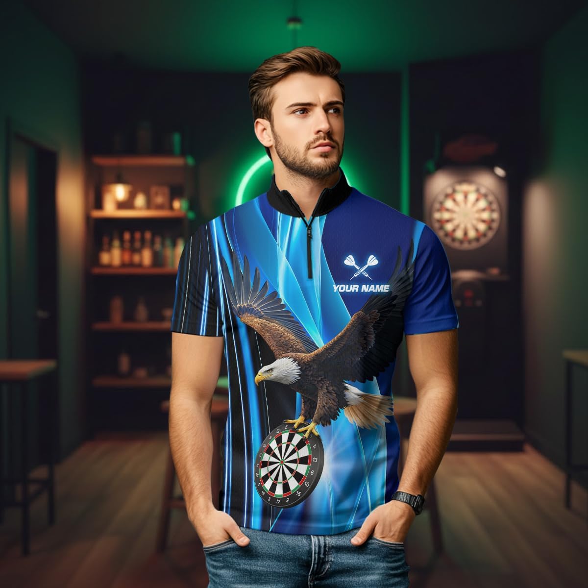 Eagle Dart Shirt for Team Men Women Blue Eagle Dart Shirts Custom Dart Jersey Dartboard Shirt Polo and Quarter Zip Shirt