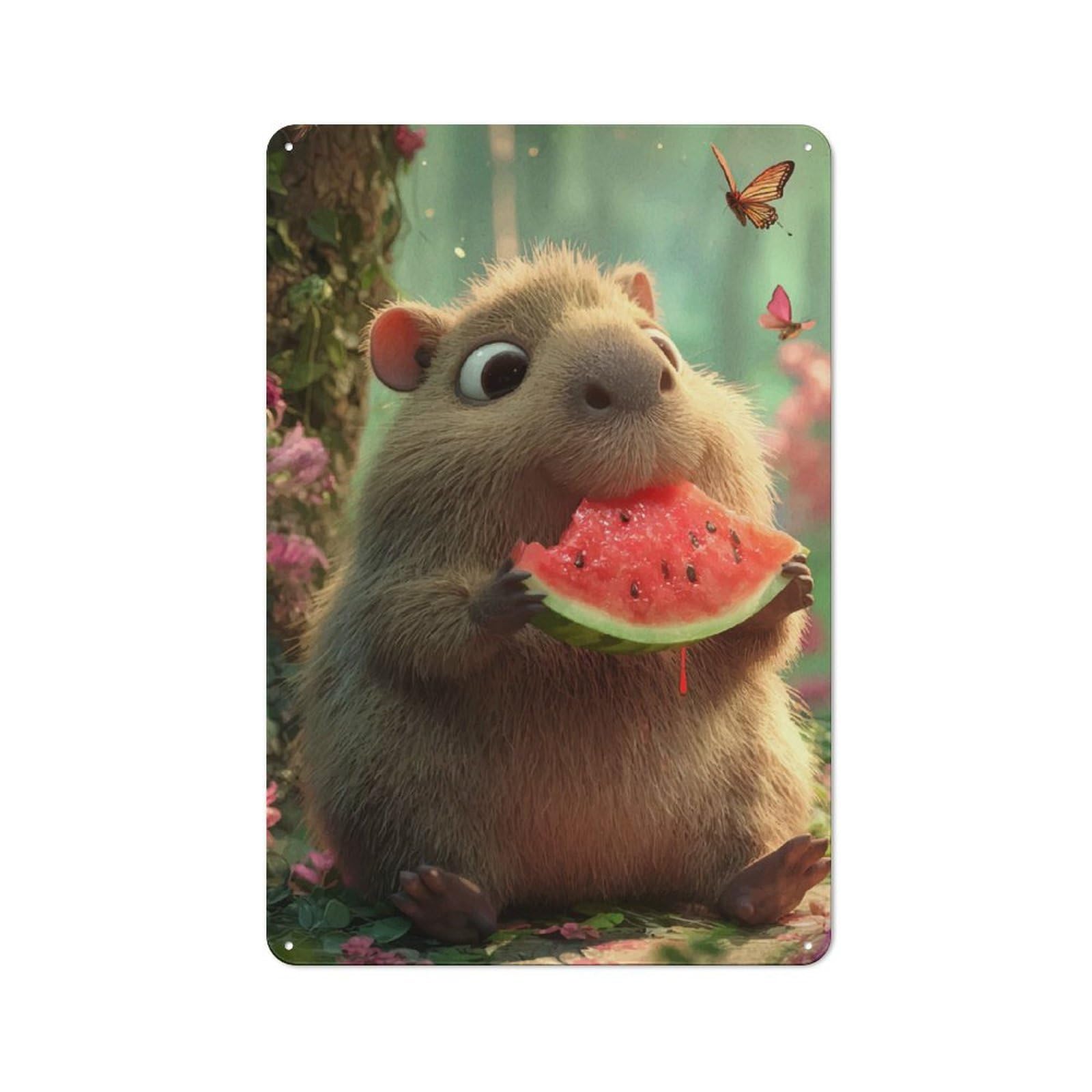 Junmoney Capybara Eating Watermelon In A Forest Cottage Style Metal Wall Decor 30X20cm, Farmhouse Metal Sign For Farmhouse Kitchen, Pantry Or Dining Area