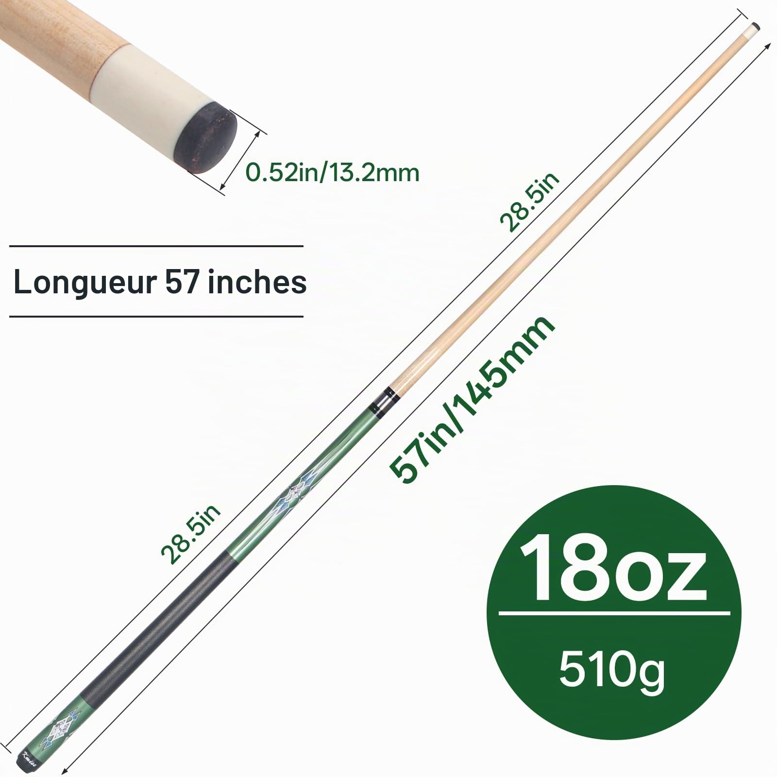Kmise Queue de Billard Professionnelle en érable Canadien, 147 cm, poignée améliorée, 4 Couleurs optionnelles, livrée avec Craie et Gants
