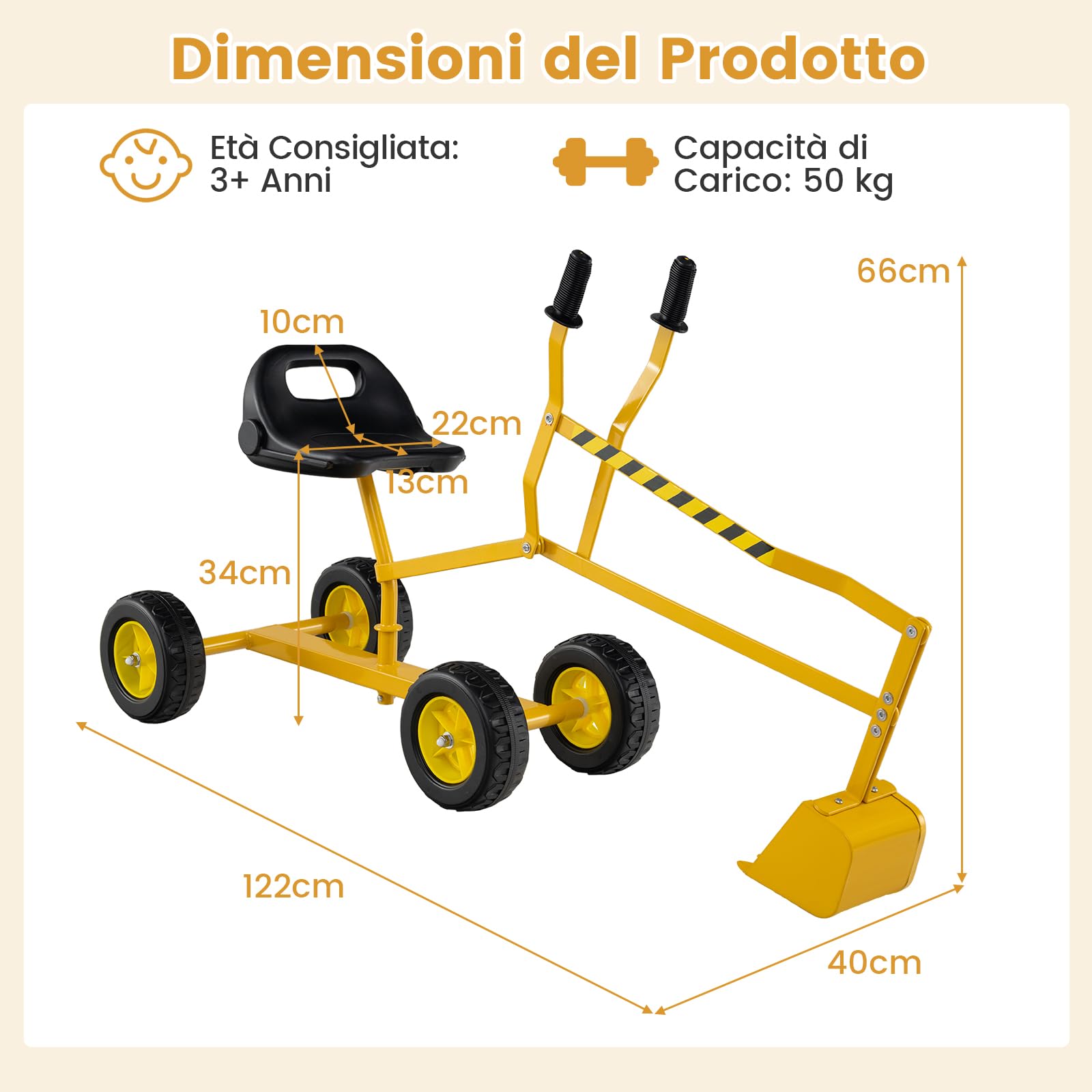 COSTWAY Escavatore per Bambini, Scavatore per Sabbiera con Comandi a 2 Mani e Pala Flessibile, Sedile Rotante a 360°, 4 Ruote, Ideale per Bambini 3 Anni+ (con Ruote Giallo)
