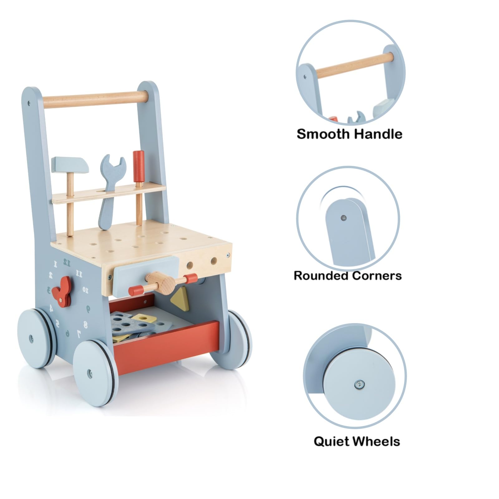 LIFEZEAL Chariot de Marche Bébé en Bois, Trotteur Bebe Evolutif avec Rangement & 12 Jouets Montessori, 4 Roulettes, Garçon Fille 3+ mois