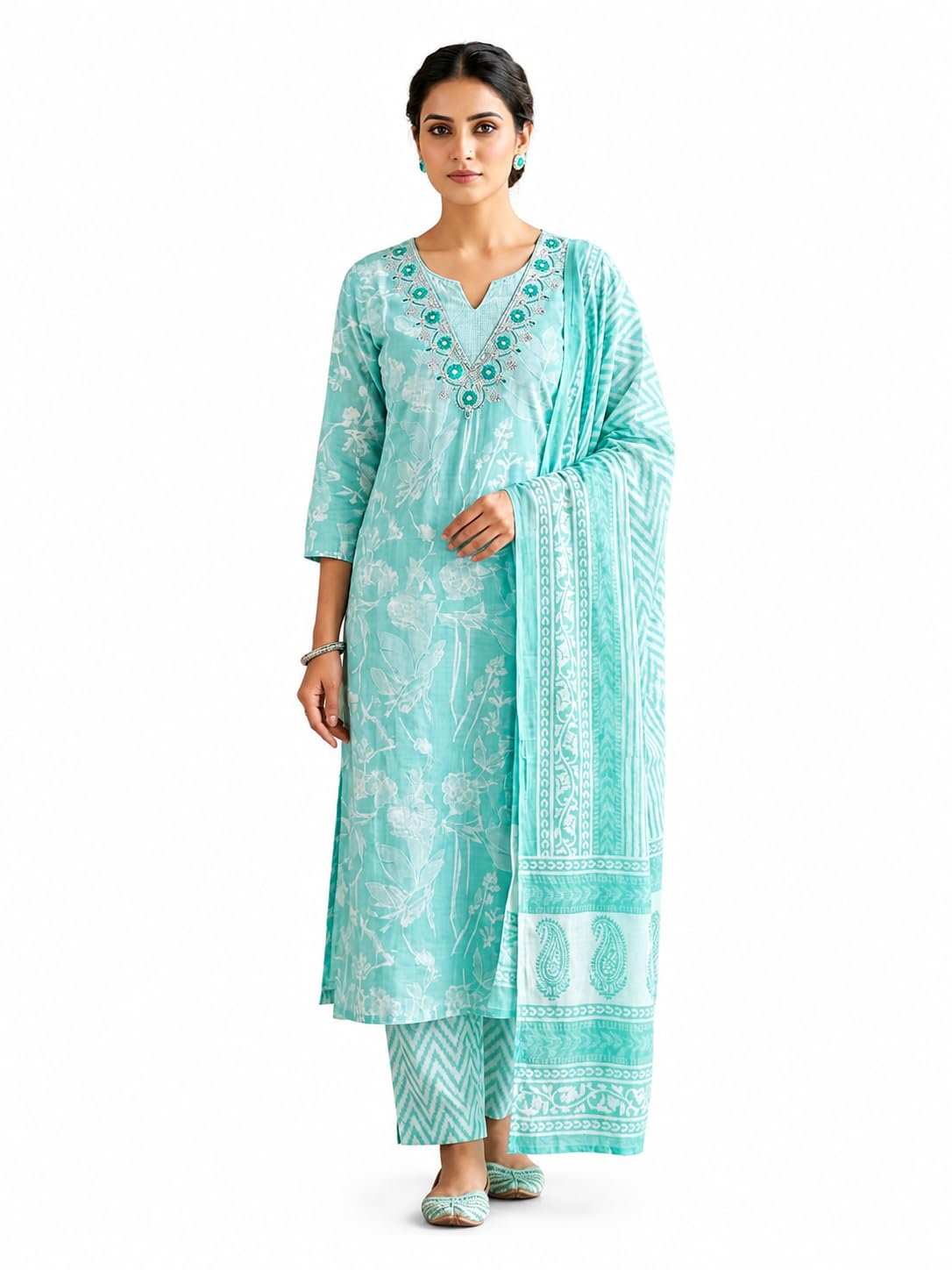 Women's Cotton Blend Printed Kurta Pant with Dupatta Set | Embroidered V-Neck Ethnic Suit Set-image-21