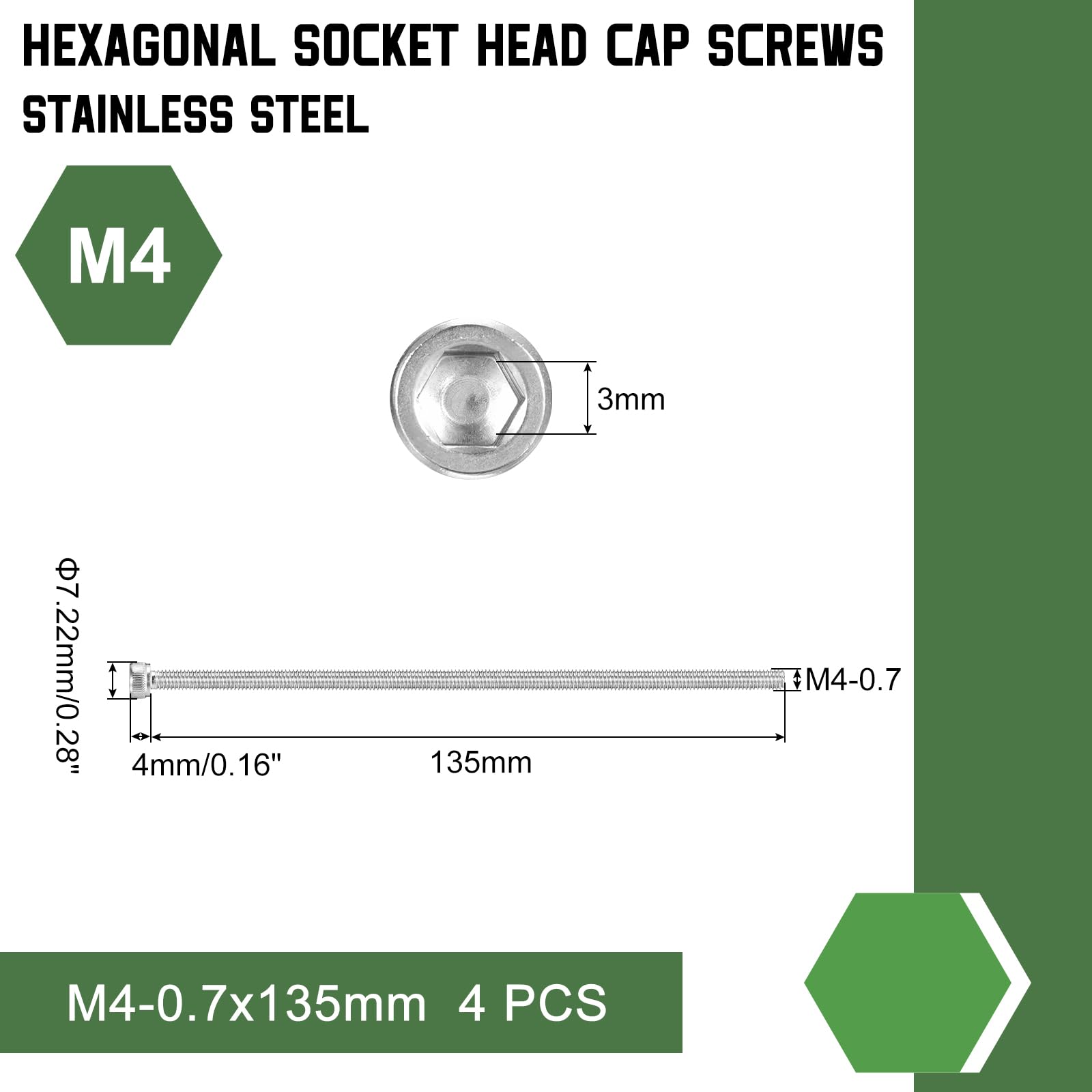 uxcell Hex Socket Bolts (M4-0.7x135), 304 Stainless Steel Hex Socket Drive Screw, Silver Tone, 4 Pcs - Image 2