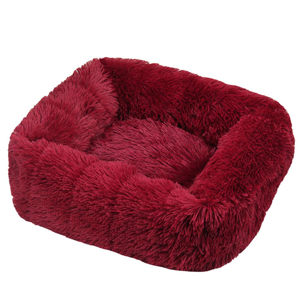 Hiseng Soft Fluffy Dog Bed, Simple Solid Color Self-Warming Cat Bed Washable Square Dog Beds Medium, Plush Anti-Slip Bottom Donut Cat Beds for Indoor Cats (S 55x45cm,Claret)