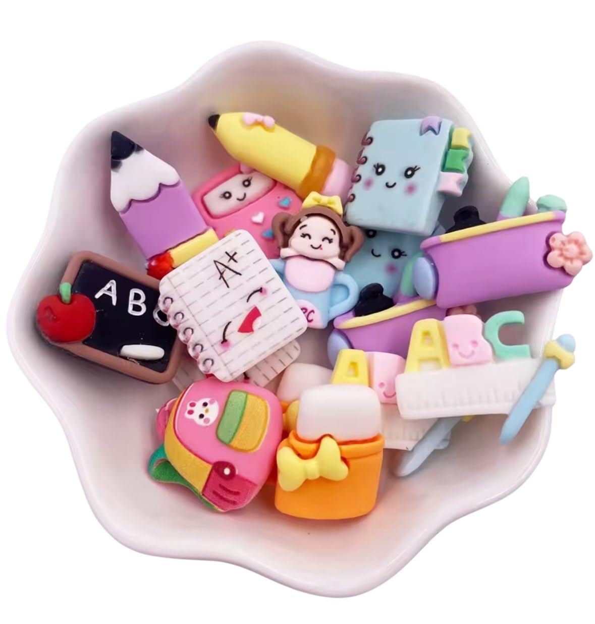 Pack of 10 Mixed Back to School Theme Kindergarten Nursery Supplies Supply Resin Cabochon for DIY Crafting Junk Charm Plastic Charms Flat Back Custom Acrylic Jewellery Making Scrapbook 24x20mm