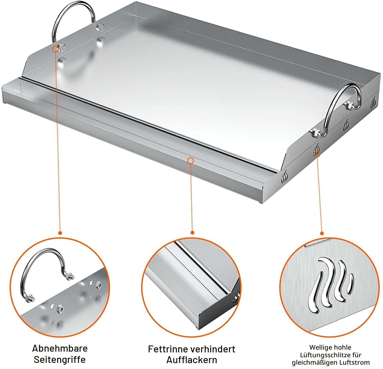 onlyfire Universal BBQ Edelstahl Plancha, Grillplatte Griddle für Holzkohle Grillwagen, Gasgrill | 62.8x40.6x7cm