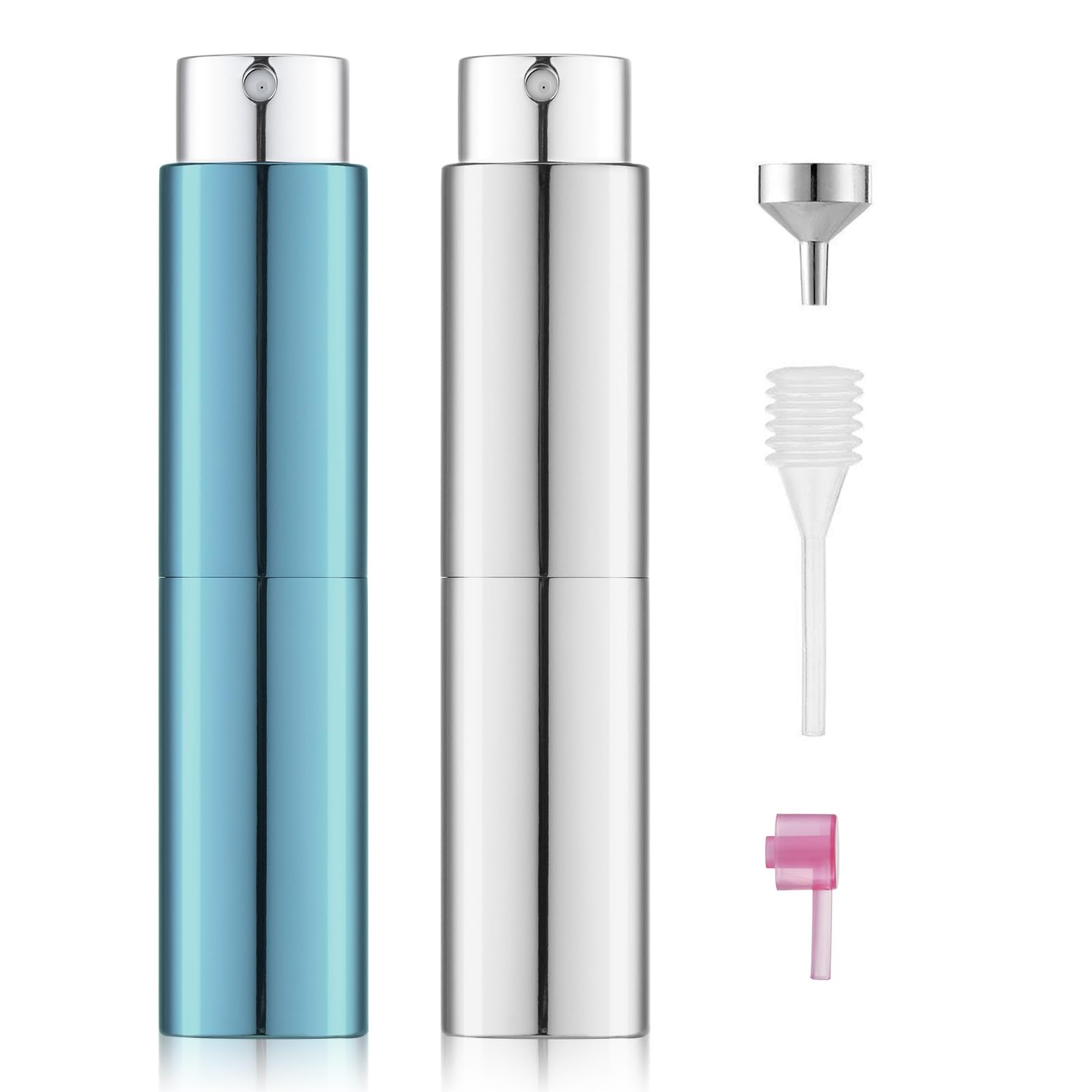 LISAPACK 8ML Atomizer Perfume Spray Bottle for Travel (2 Pack), Empty Cologne Dispenser, Portable Sprayer (Glossy Blue&Silver)