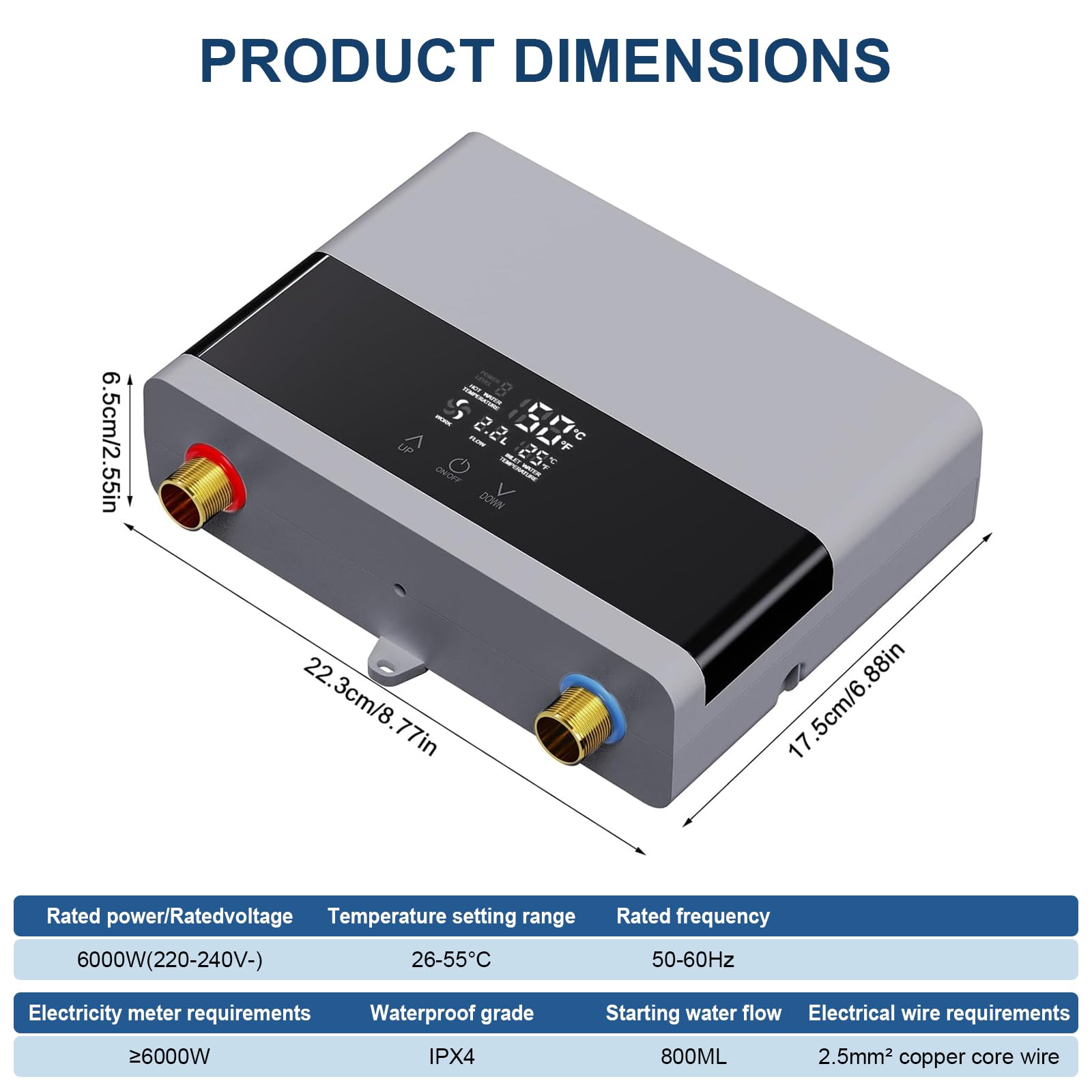 Chauffe-eau électriques 220V 6000W, Chauffe-eau électrique sans réservoir, Petit chauffe-eau instantané électrique économie d'eau Avec écran numérique, Pour cuisine, salle de bain, lavage (Sliver)