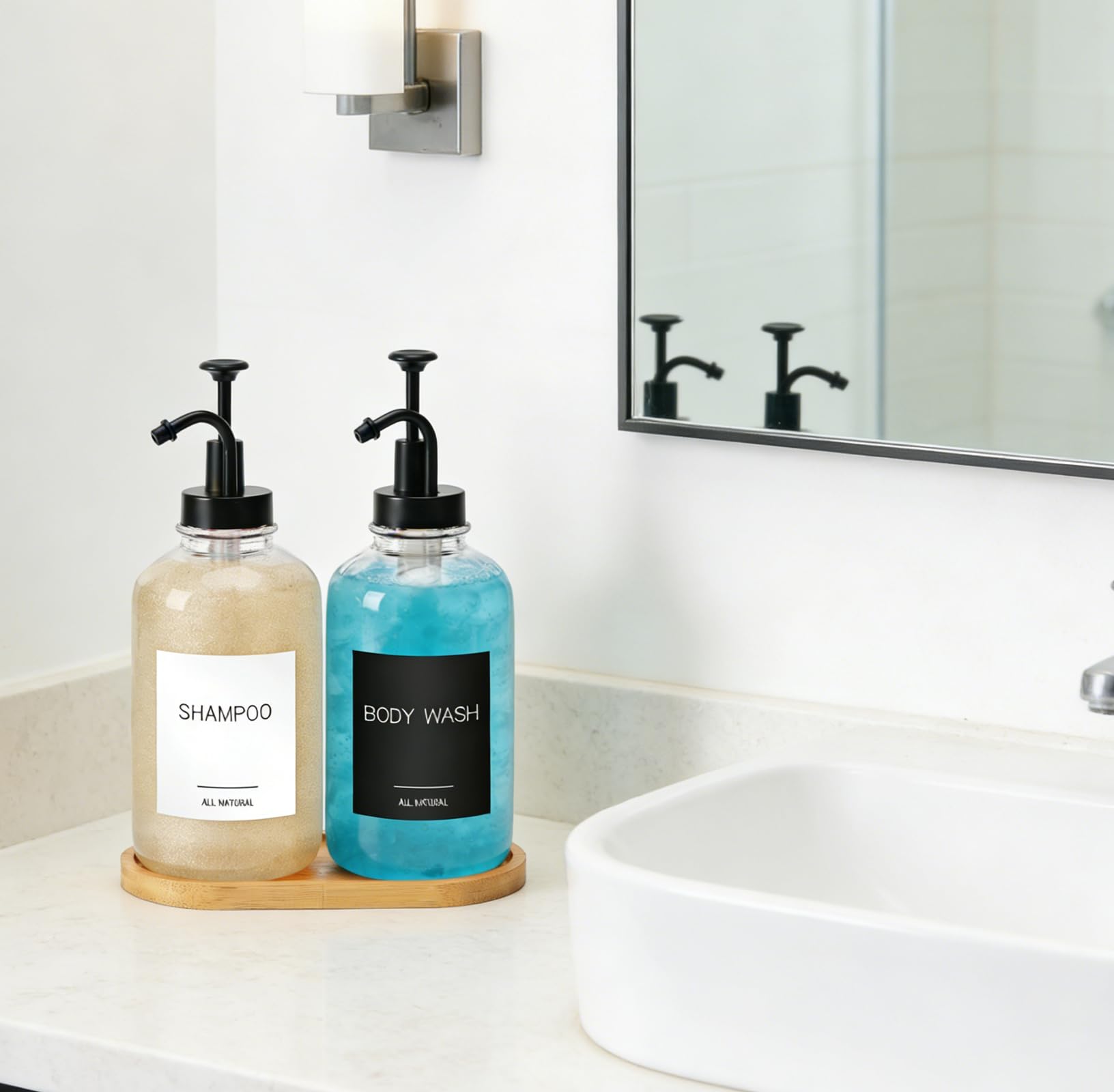2 Pack Glass Soap Dispenser Set, 16.9oz/500ml Washing Up Liquid Dispenser with Bamboo Tray - Image 2