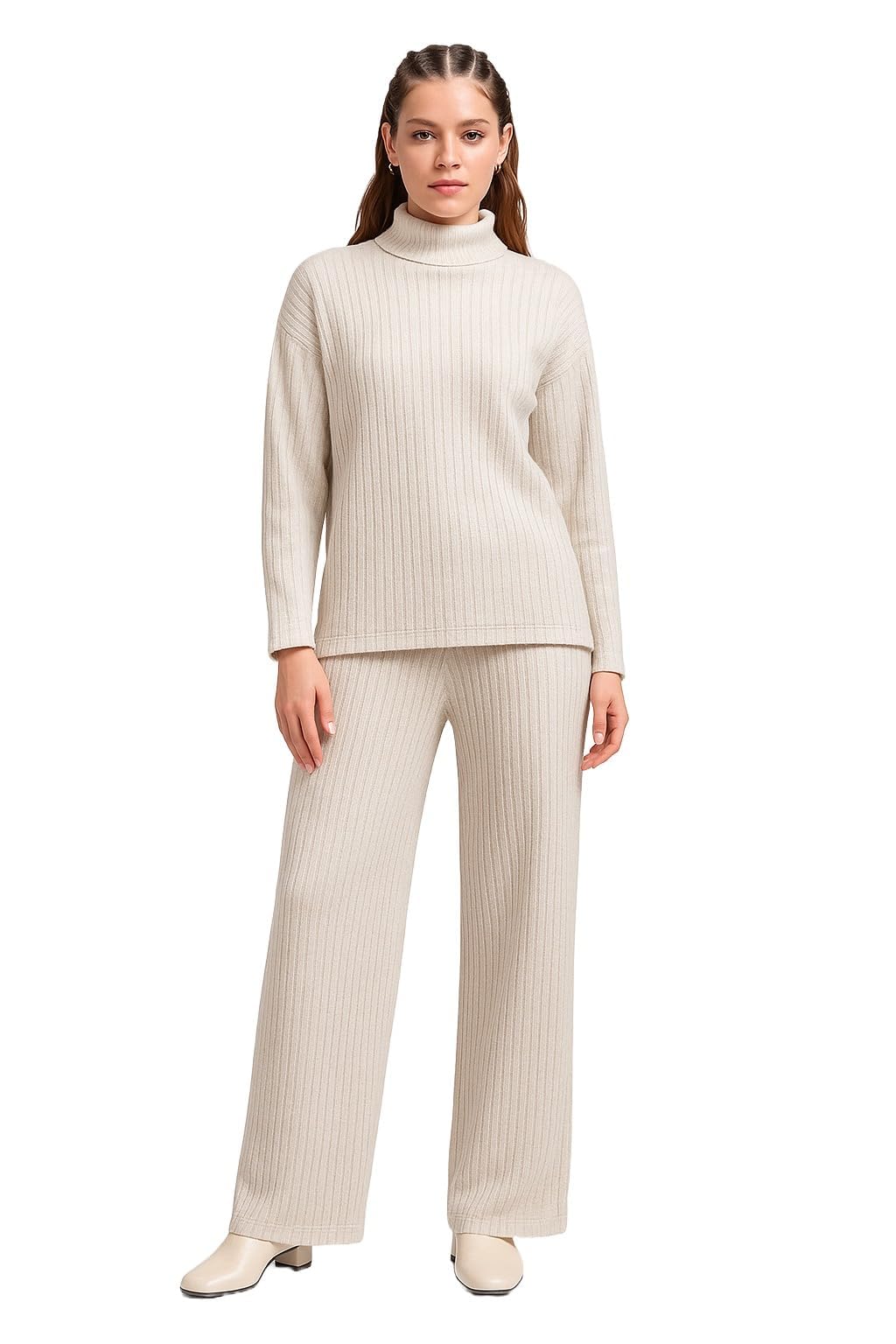 kvetoo Women Winter Coord Set Wool Blend High Neck Sweater and Wide Leg Pants Warm Tracksuit Pajama Set Two Piece Knitwear Travel Wear for Lounge Casual Office-picture-35