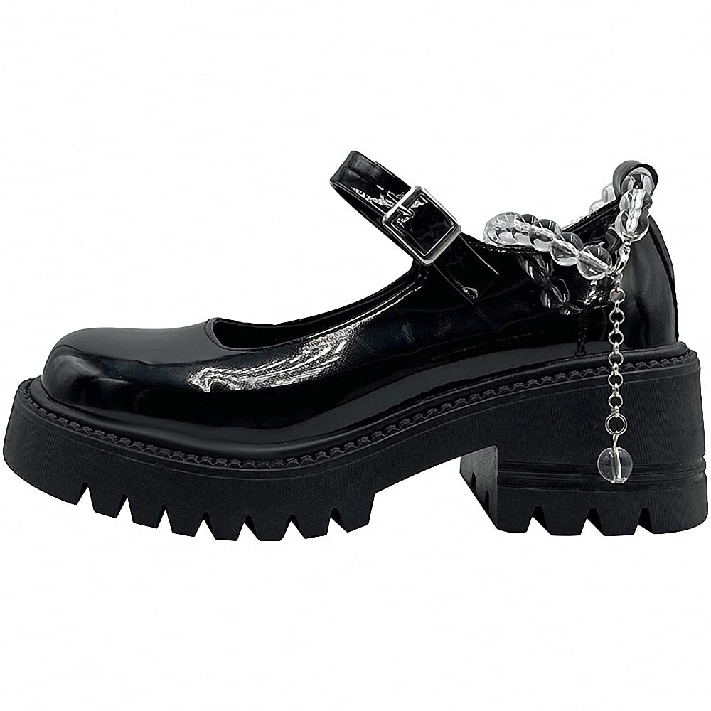 Womens Platform Mary Janes Shoes Sweet Toe Ankle Lolita Gothic Pumps Chunky Patent Leather — view 38