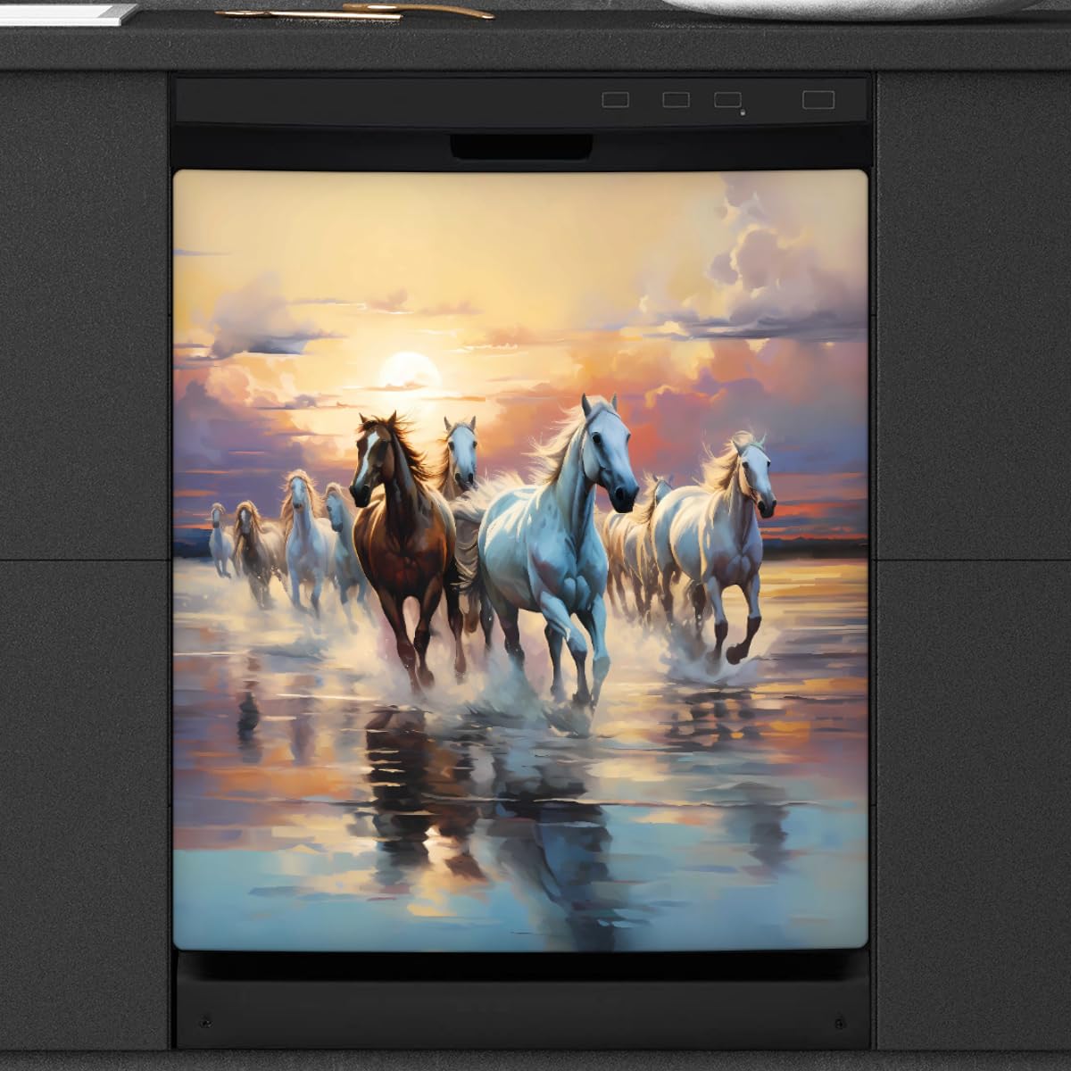 Dishwasher Magnet Cover Running Horse Sunset Reusable Dishwasher Magnetic Cover Sticker Decorative Dish Washer Door Cover Panel for Home Kitcen Appliance