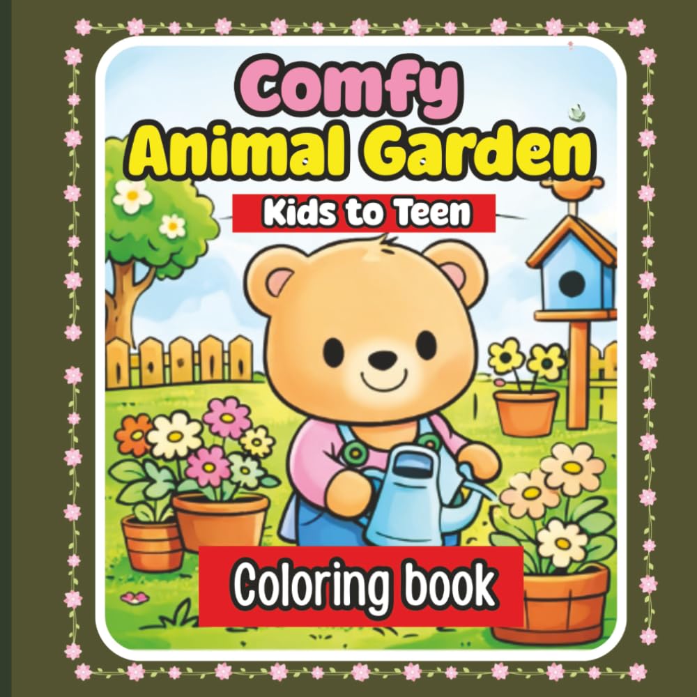 This coloring Book Title is "Comfy Animal Garden" Stress relieving artwork. Relaxation and creative flow. Great gift idea for kids, and teens.: A Cute and Cozy Coloring book for kids & teens.