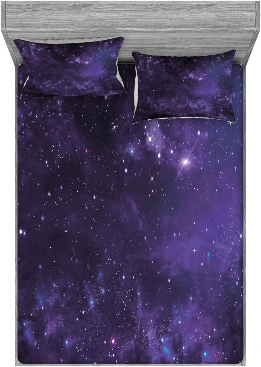 Ambesonne Galaxy Fitted Sheet & Pillow Sham Set, Celestial Stars in Night Sky Stardust in Clouds Fantasy World of Space, Decorative Printed 6 Piece Bedding Decor Set, Queen, Purple