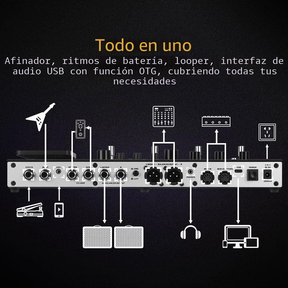 Valeton Guitarras Bajo Pedal de Efectos Multi-Efectos Procesador Guitarras Bajo Modeling IR Gabinets Simulación con FX Loop MIDI I/O Expression Pedal estéreo OTG USB Audio Interface GP-200