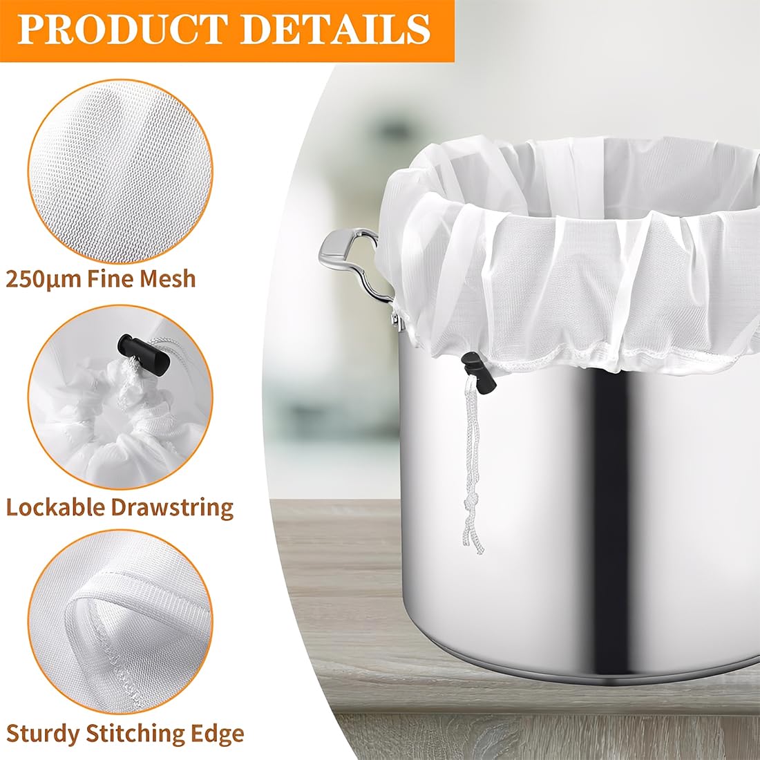 Sacchetto Filtrante Riutilizzabile 66 * 56 cm, Sacchetti Filtranti per Alimenti con Coulisse, Filtri per Liquori per Birra e Latte Vegetale (con Filtro a Setaccio in Nylon)