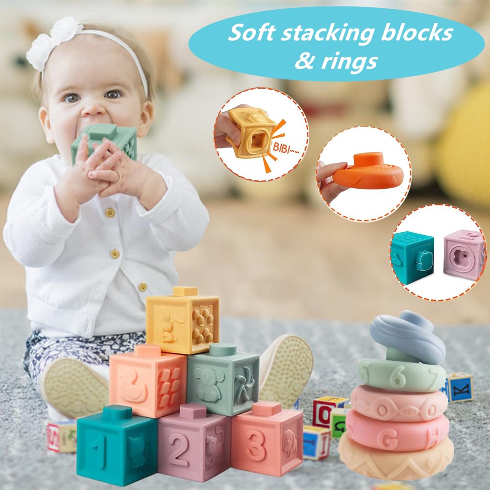 ELLECK Babyspielzeug 6-12 Monate, Montessori Spielzeug für Kleinkinder von 1 bis 3 Jahren, Badespielzeug aus belegtem Eimer, stapelbare 6-in-1-Ringe, Drehspielzeug mit