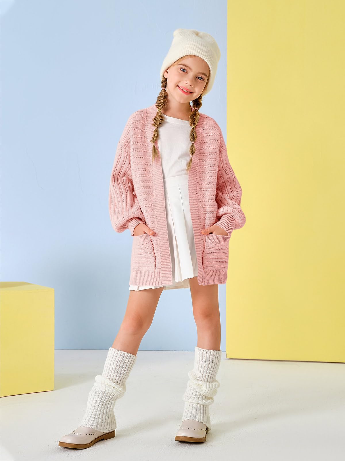 Haloumoning Cardigan per bambine e ragazze, aperto sul davanti, a maniche lunghe, lavorato a maglia, con tasche, 5-14 anni