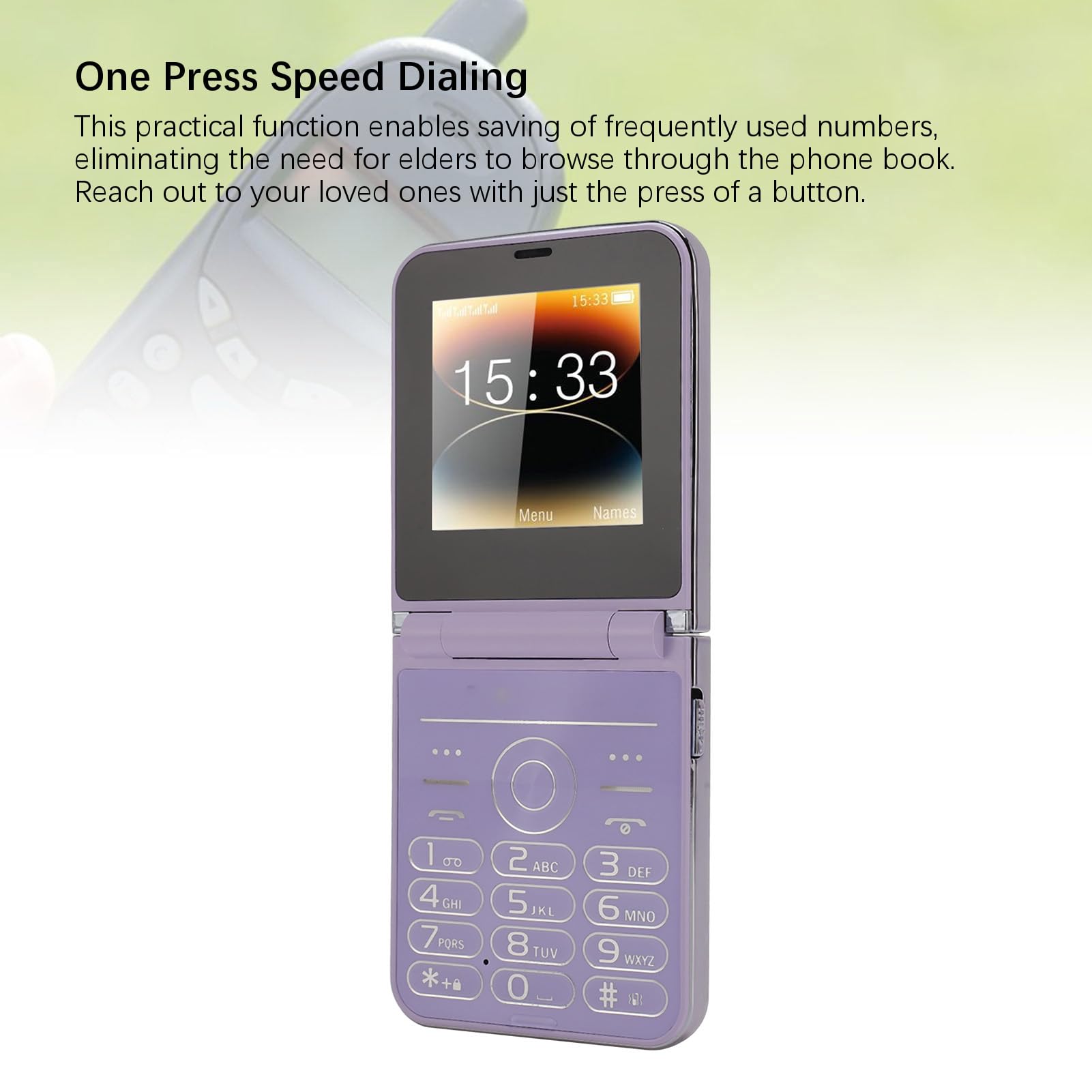Annadue Teléfono Celular con Botones Grandes para Personas Mayores, Pantalla Dual, Dígitos Grandes, Marcación Rápida, Altavoz, Cámara HD, Linterna LED, Batería de 1400 MAh (Purple)