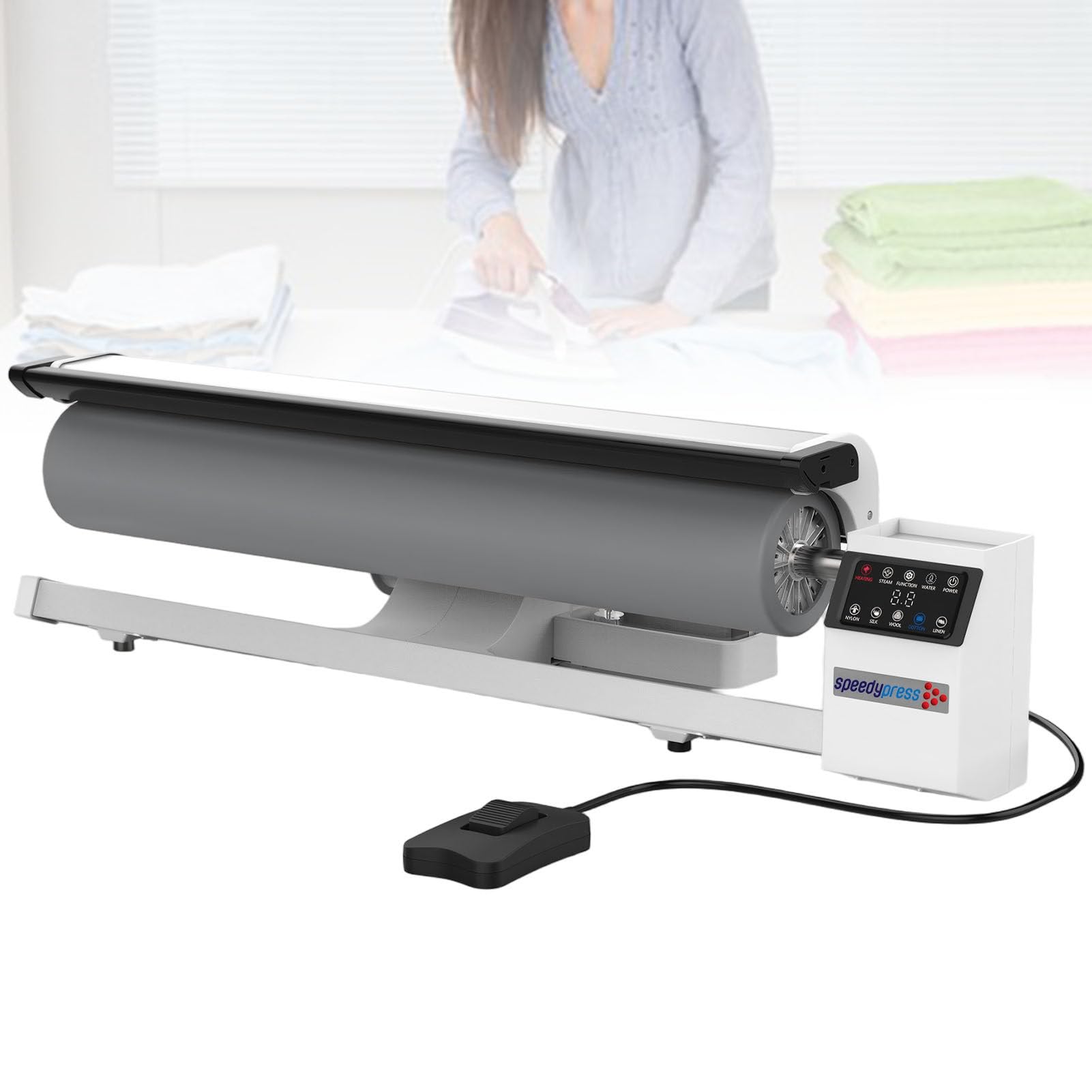 ExoticaBlend Steam Iron with Rotary Roller, Fabric Roller Ironer, with Continuous Steam and Pedal, Designed for Flat Fabrics, Suitable for Home and Commercial Use