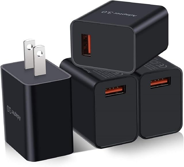 USB Chargeur mural, 4-Pack 5V/3A Adaptateur de puissance charge rapide 3.0 Bloc de recharge compatible pour chargeur sans fil, iPhone 16 1514 Pro Max 13 12 11 SE, Galaxy A16 A06 A03s, Téléphone Android (Noir)