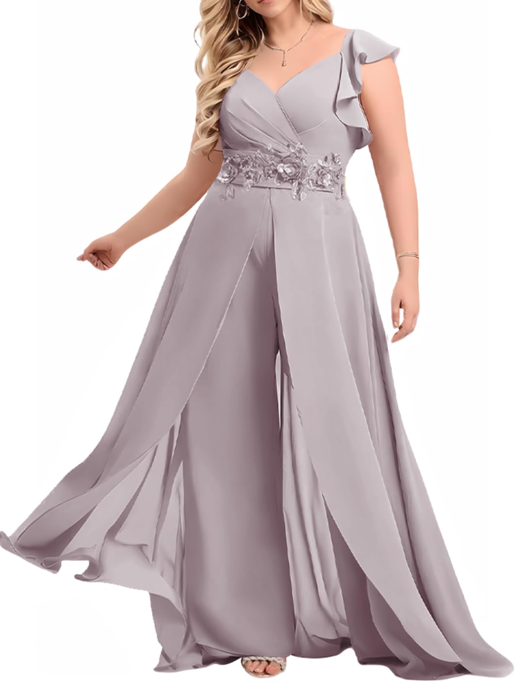 One Piece V Neck Jumpsuit Bridesmaid Pantsuits for Wedding Guest Groom Formal Outfit Sets Lace Floral Slit Cap