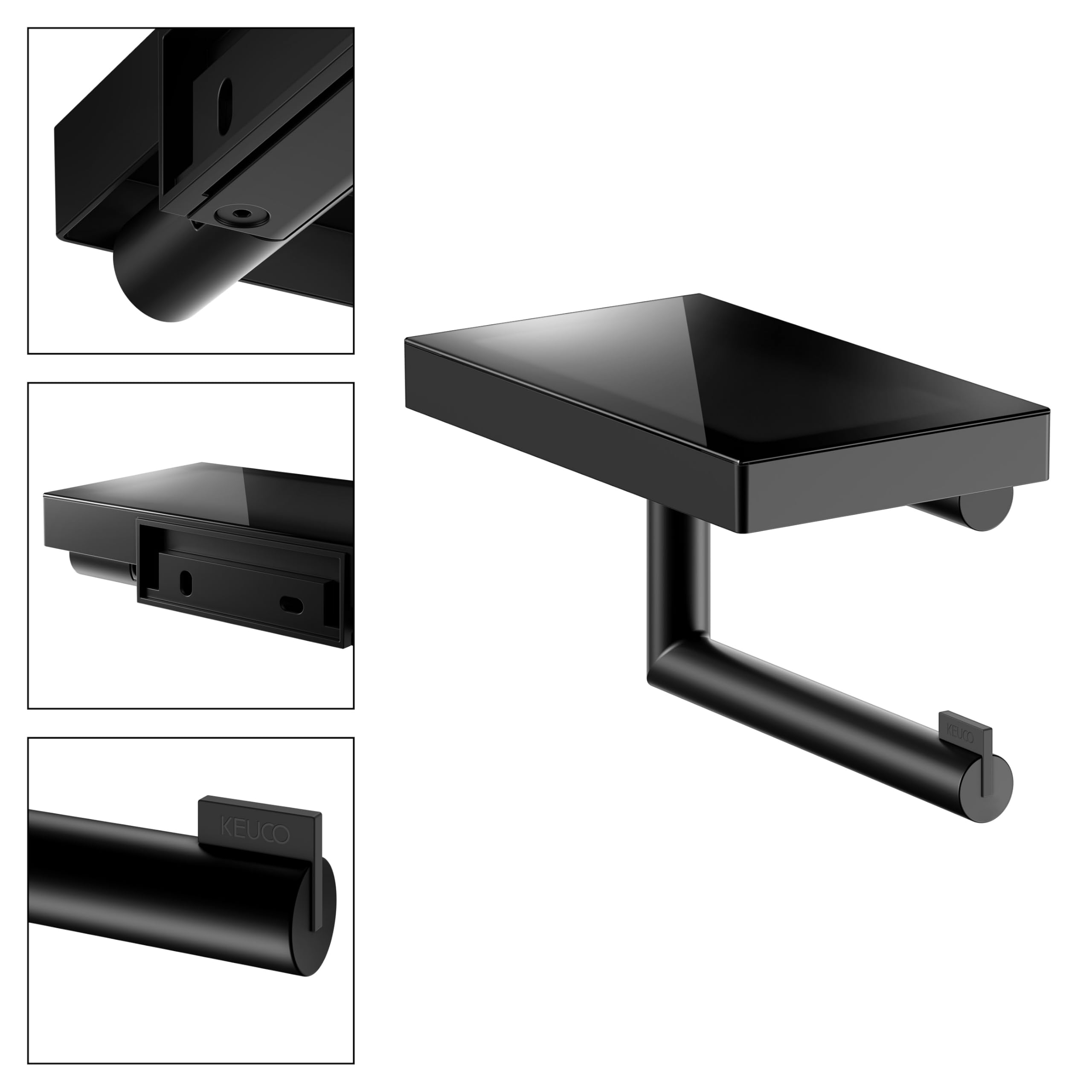 Keuco Reva Portarrollos, Forma Abierta, con repisa, Metal Negro | Made in Germany, orientable, incl. tornillos y tacos, soporte para papel higiénico para taladrar