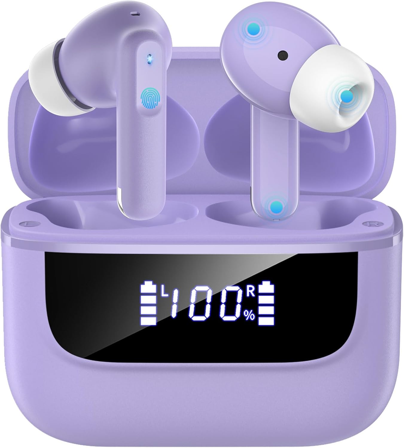 Wireless Earbuds Bluetooth 5.4, 6 Mic ENC Noise Cancelling Clear Call, in Ear Buds Deep Bass HiFi Stereo Sound, Big Dual LED Display 48H Playtime Earphones IP7 Waterproof Headphones Android iOS Purple