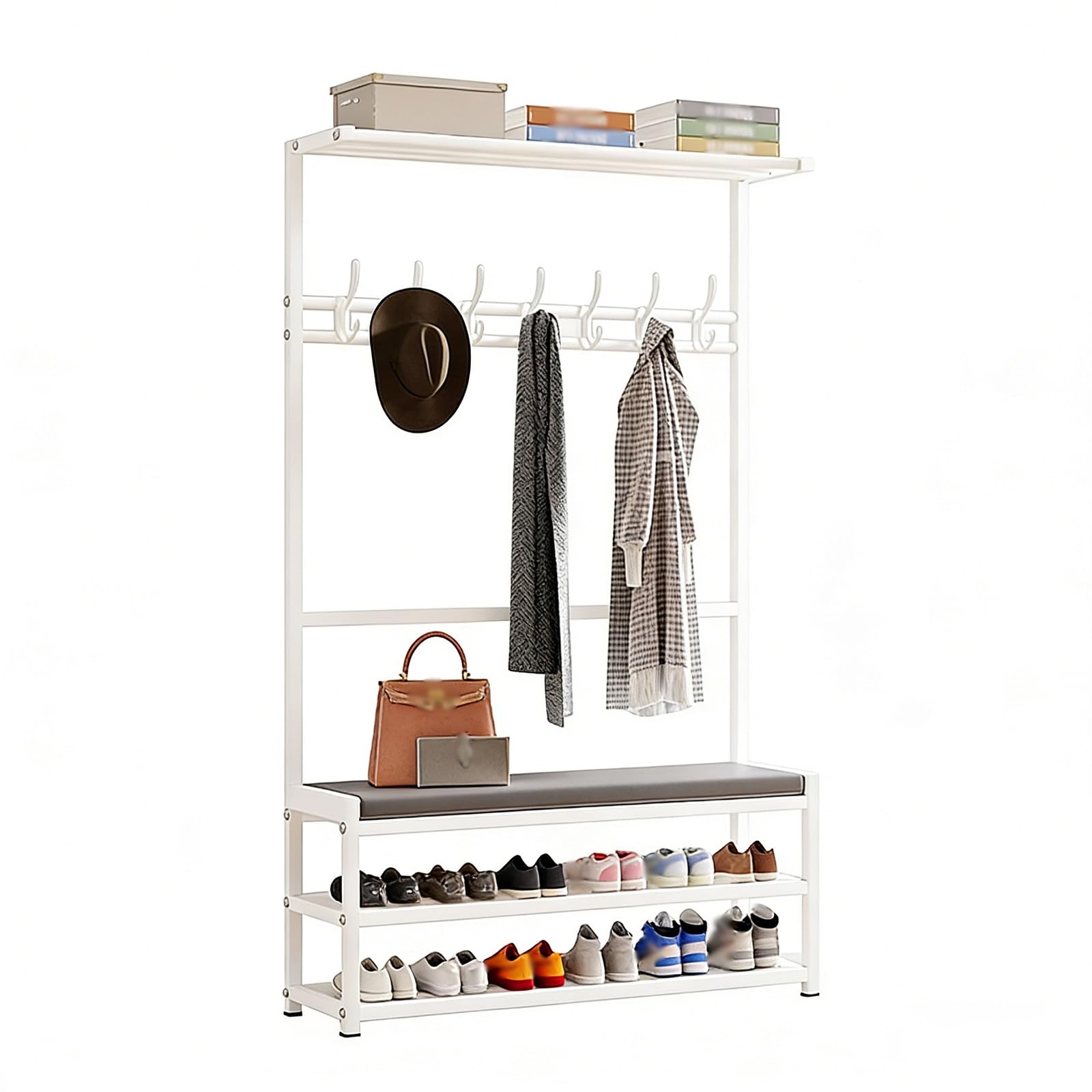 FGXHHS Industrial Hall Tree with Entryway Bench, Coat Rack & Shoe Shelf nizer for Entryway, Office Bedroom (White, 23.6"x10"x62.9")