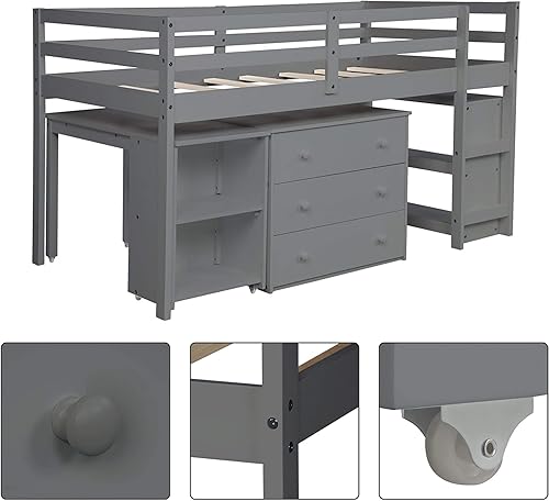 Miniatura 6 de DNYN Cama alta baja de tamaño individual con armario y escritorio portátil rodante marco de cama de madera de pino maciza con barandillas de