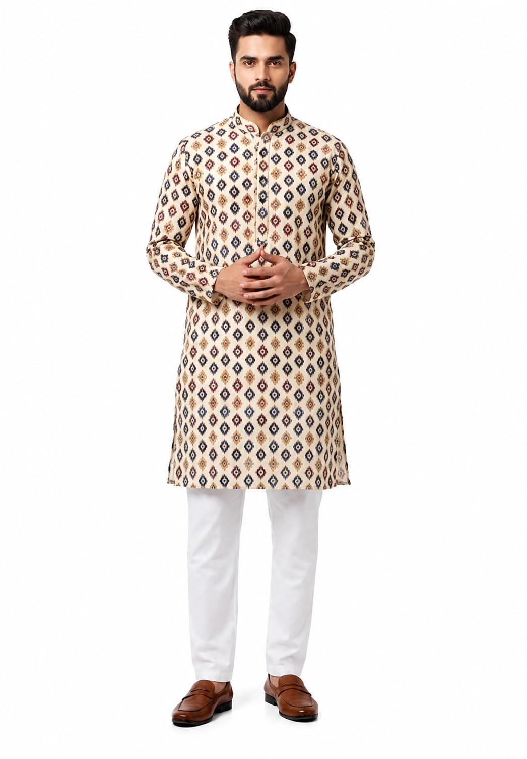 Men's BRASSO digital Printed Kurta Pyjama Set, Cream Geometric Pattern ,(M)-image-28