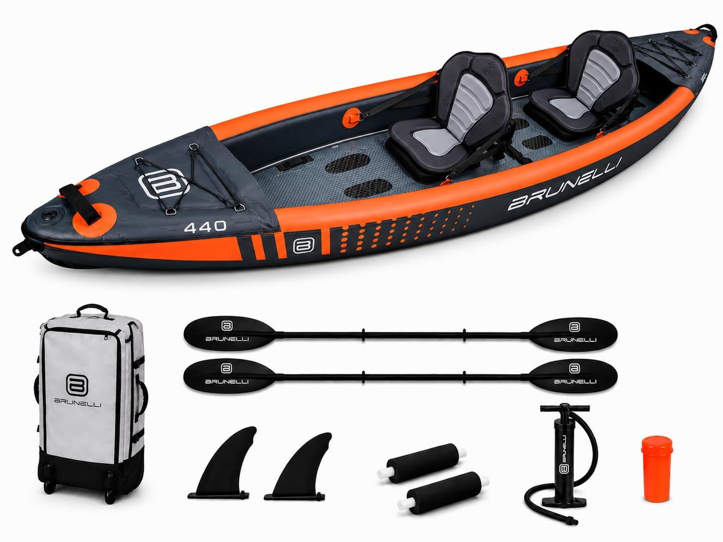 BRUNELLI Raptor 440 Kayak Gonfiabile per 2 Persone, Drop-Stitch Kayak da Touring, 10 PSI, 3 Camere d'Aria, Include 2 Pagaie, 2 Sedili, Pompa, Pinne e Borsa per il Trasporto