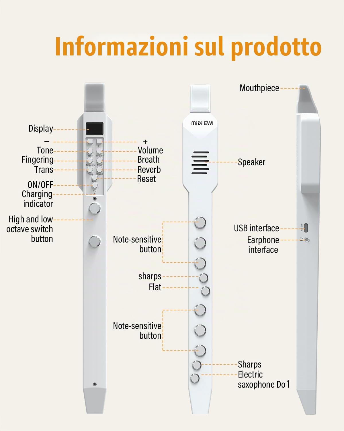 Strumento a fiato digitale, strumento elettrico a fiato bianco, supporta Bluetooth MIDI, strumento a fiato elettronico con ugello rimovibile e cavo di alimentazione, 10 suoni integrati per