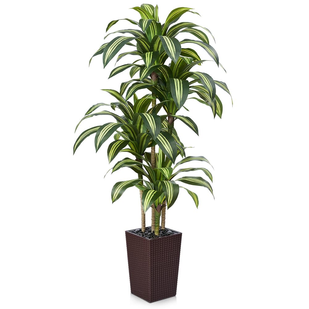 VeriNatural Künstlicher Drachenbaum 180 cm Kunstpflanzen Groß - UV-beständige künstliche Pflanze mit 96 Blättern, Braun Topf & Flusssteinen - Deko Pflanze für Wohnzimmer Büro Indoor Outdoor, VN127 | Kunstpflanzen Groß mit 76 Blättern & Flusssteinen Deko K